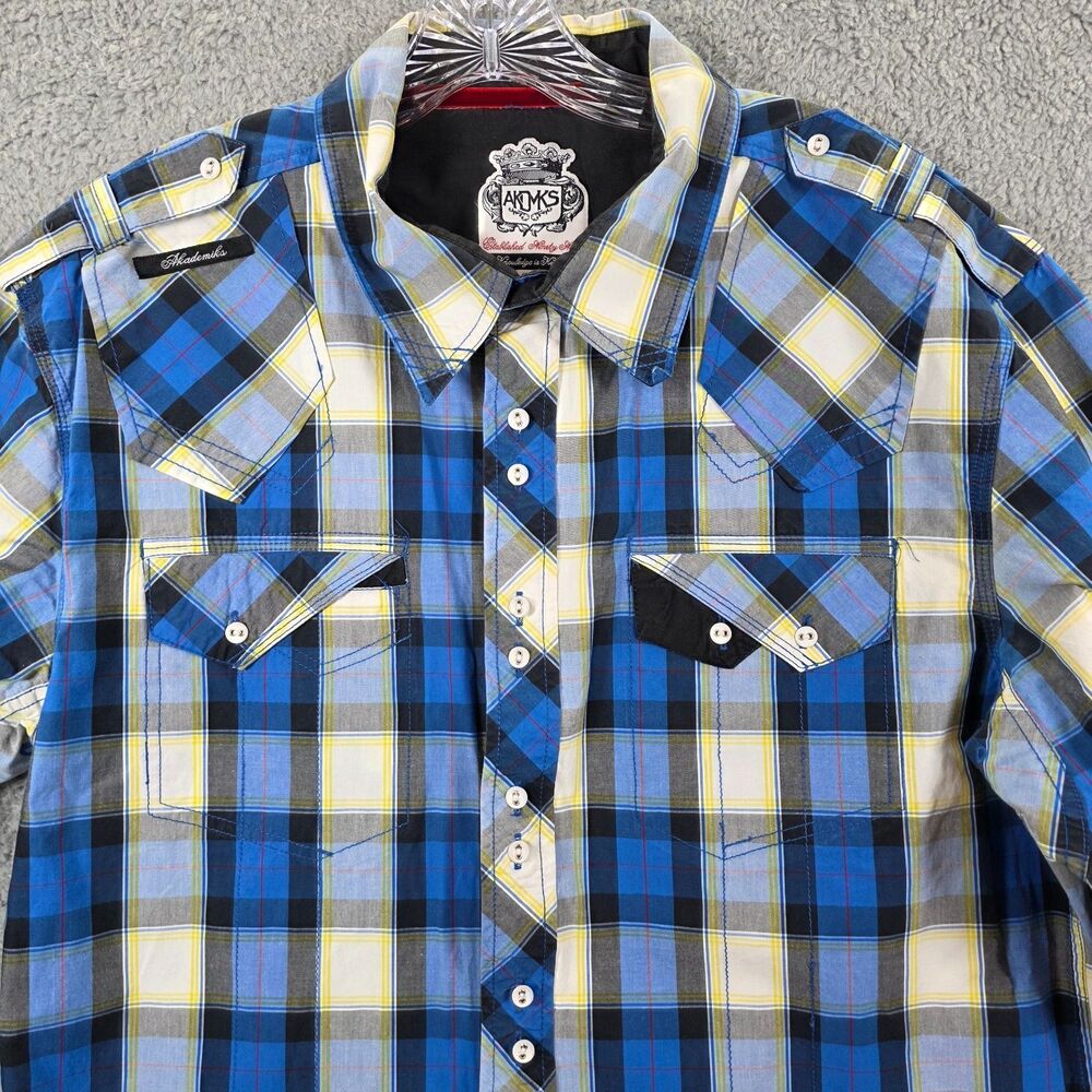 Akademiks Shirt Men's Plaid Blue White Button Up Long Sleeve AKDMKS Size 2XL - Picture 2 of 13